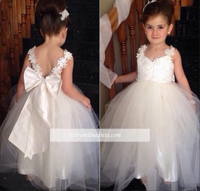 White Tulle Bowknot Backless Cute Lace Flower Girl Dresses_4