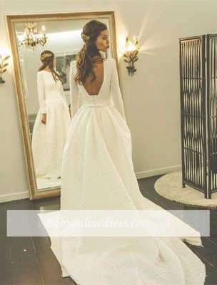 New Arrival A-line Sweep-Train Bridal Gowns Open Back Long-Sleeve Jewel Wedding Dress_1