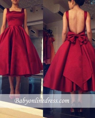 Red Square-Neck Tea-Length Short Puffy Backless Bowknot 2021 Prom Dresses_3