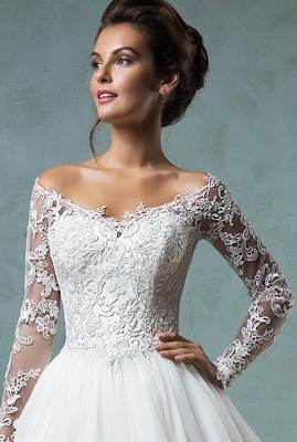 Lace Long Sleeves A-line Wedding Dresses Off-Shoulder Lace Applique Sheer Back Bridal Gowns_3