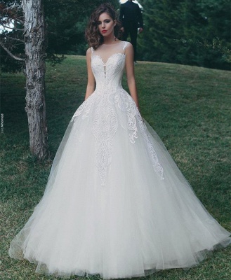 Glamorous A-Line Appliques Bridal Gowns Sleeveless Tulle Wedding Dresses_3