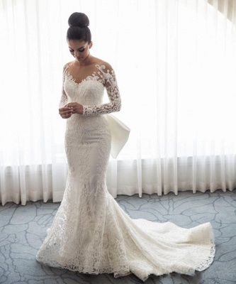 Chic Long Sleeves Mermaid Wedding Dresses | Lace Appliques Bridal Gowns with Detachable Skirt_4