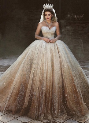 Sparkly Ball Gown Tulle Wedding Dresses | Scoop Long Sleeves Sequins Bridal Dresses_1