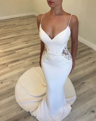 Sexy Spaghetti Straps Mermaid Wedding Dresses | V-Neck Sheer Lace Bridal Gowns_2