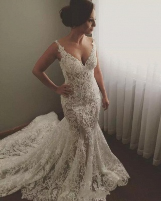 Geogrous Lace Mermaid Wedding Dresses | V-Neck Straps Long Bridal Gowns_1