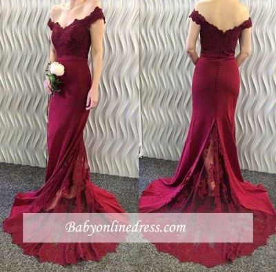 2021 Burgundy Lace Appliques Long Off-the-Shoulder Mermaid Prom Dresses LY86_1