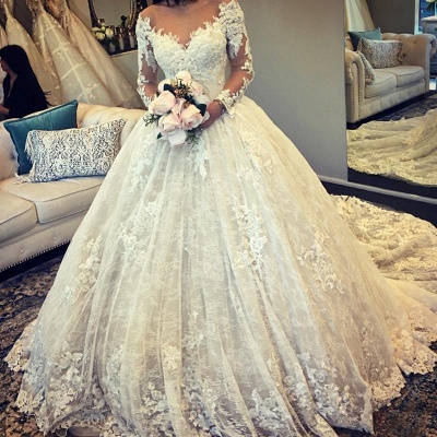 Gorgeous Lace Ball Gown Wedding Dresses | Long Sleeves V Neck Bridal Gowns_1
