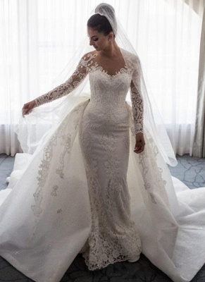 Chic Long Sleeves Mermaid Wedding Dresses | Lace Appliques Bridal Gowns with Detachable Skirt_2