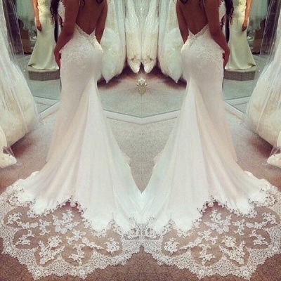Elegant Spaghettis Straps Appliques Backless Lace Mermaid Wedding Dresses_3