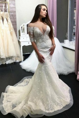 Deep V-Neck Mermaid Wedding Dresses | Half Sleeves Long Dresses For Bridal_1