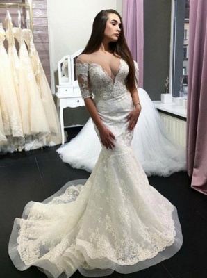 Deep V-Neck Mermaid Wedding Dresses | Half Sleeves Long Dresses For Bridal_3