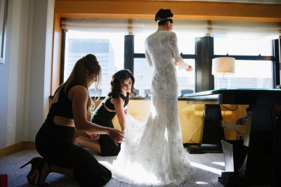Lace Beaded Mermaid Wedding Dresses Long Sleeves with Overskirt Elegant Bridal Gowns_5