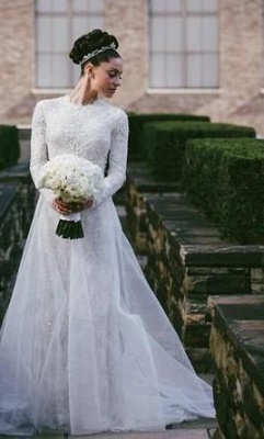 Lace Beaded Mermaid Wedding Dresses Long Sleeves with Overskirt Elegant Bridal Gowns_4