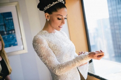 Lace Beaded Mermaid Wedding Dresses Long Sleeves with Overskirt Elegant Bridal Gowns_3