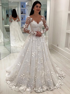 Exquisite Lace A-Line Wedding Dresses | V-Neck Long Sleeves Appliques Puffy Bridal Gowns BC1352_2