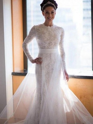 Lace Beaded Mermaid Wedding Dresses Long Sleeves with Overskirt Elegant Bridal Gowns_1
