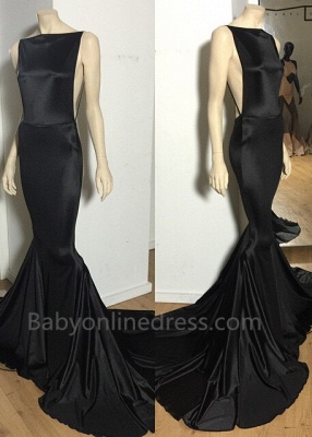 2021 Prom Dresses Black Backless Bateau Neck Spaghettis Court Train Mermaid Evening Gowns_3