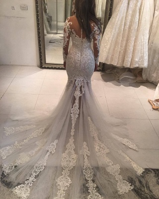 Gorgeous Pearls Mermaid Wedding Dresses | Off-the-Shoulder Lace Appliques Bridal Gowns_3
