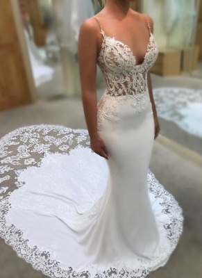 Sexy Mermaid Wedding Dresses | Spaghettis Straps Lace Appliques Bridal Gowns_3