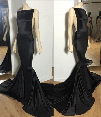 2021 Prom Dresses Black Backless Bateau Neck Spaghettis Court Train Mermaid Evening Gowns_2