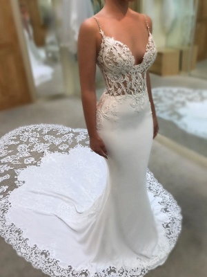 Sexy Mermaid Wedding Dresses | Spaghettis Straps Lace Appliques Bridal Gowns_2