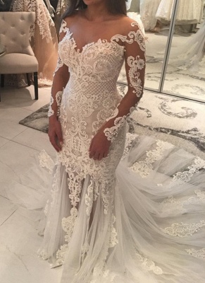 Gorgeous Pearls Mermaid Wedding Dresses | Off-the-Shoulder Lace Appliques Bridal Gowns_1