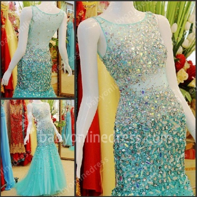 2021 Luxurious Evening Dresses Scoop Crystal Beading Cap Sleeve Mermaid Ruched Chiffon Evening Gowns_3