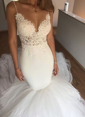 Sexy Sleeveless Mermaid Wedding Dresses | Spaghettis Straps Backless Tulle Bridal Gowns_1