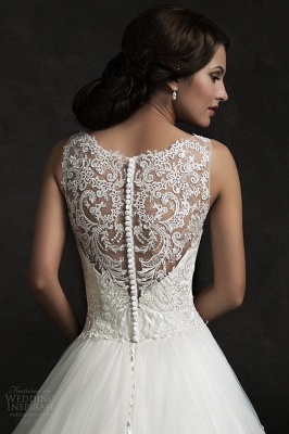 2021 Lace Applique A-line Wedding Dresses Illusion Buttons Back Sleeveless Elegant Bridal Gowns_3