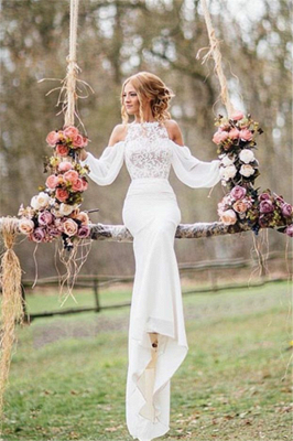Long Sleeves Lace Elegant Chiffon Mermaid Wedding Dresses | Fit and Flare Bridal Dresses_1
