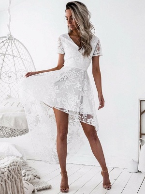 Exquisite A-Line Lace Homecoming Dresses | V-Neck Short Sleeves High Low Cocktail Dresses_1