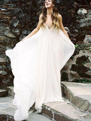 Simple Chiffon A-Line Bohemian Wedding Dresses | Spaghetti Straps Long Beach Bridal Gowns_1