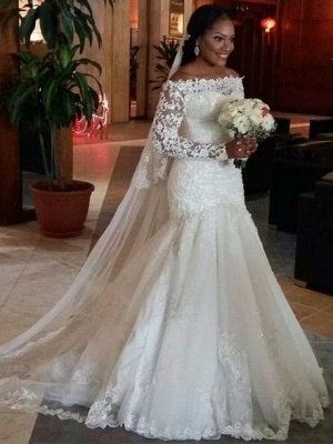 Elegant Lace Mermaid Wedding Dresses | Off The Shoulder Long Sleeves Long Bridal Gowns_1