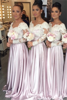 White-Lace Long-Sleeve Pink V-neck Popular Elegant Bridesmaid Dress_2