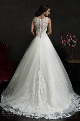 2021 Lace Applique A-line Wedding Dresses Illusion Buttons Back Sleeveless Elegant Bridal Gowns_4