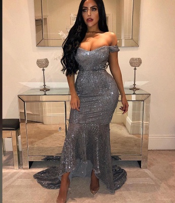 Shiny Sequins Mermaid Prom Dresses | Off The Shoulder High Low Evening Dresses_2