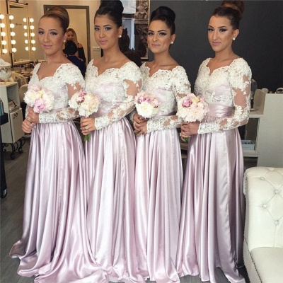 White-Lace Long-Sleeve Pink V-neck Popular Elegant Bridesmaid Dress_3