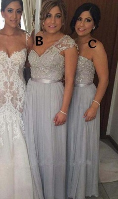 2021 Silver Beaded Chiffon Bridesmaid Dresses Ruched Floor Length A-line Wedding Party Dresses_1