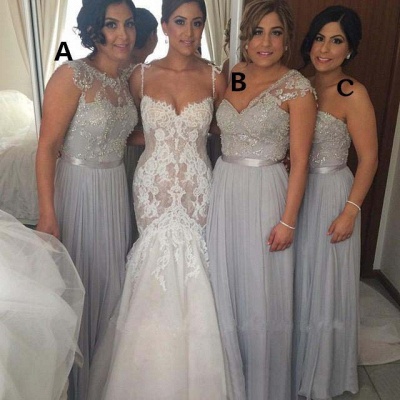 2021 Silver Beaded Chiffon Bridesmaid Dresses Ruched Floor Length A-line Wedding Party Dresses_3