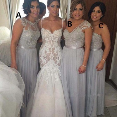 2021 Silver Beaded Chiffon Bridesmaid Dresses Ruched Floor Length A-line Wedding Party Dresses_2
