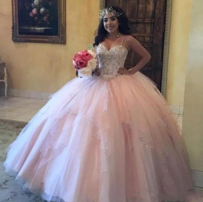 Luxury Pink Ball Gown Quinceanera Dresses | Spaghetti Straps Beading Tiered Prom Dresses_2