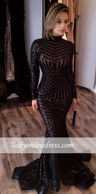 Sexy Black Mermaid High Neck Evening Gowns Long-Sleeves Sequined Prom Dress JJ0085_3