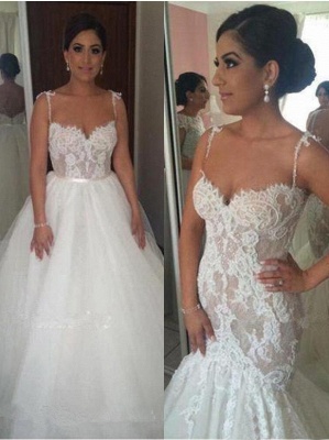 Glamorous Lace Mermaid Wedding Dresses | Spaghetti Straps Over Skirt Bridal Gowns_1