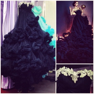 2021 Black Cloud Wedding Dresses Flower Appliques Ruffles Chapel Train Luxury Bridal Gowns_9