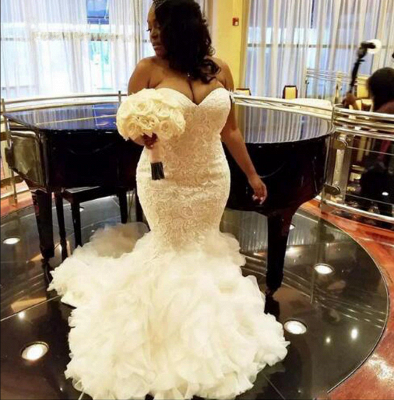 Elegant Lace Mermaid Wedding Dresses | Sweetheart Sleeveless Ruffles Tiered Bridal Gowns_2