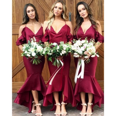 Sexy High-Low Mermaid Bridesmaid Dresses | Simple Spaghetti Straps Ruffles Wedding Party Dresses_3