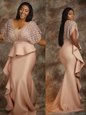 Luxury Beading Ruffles Mermaid Prom Dresses | V-Neck Half Sleeves Fashion Evening Dresses_1