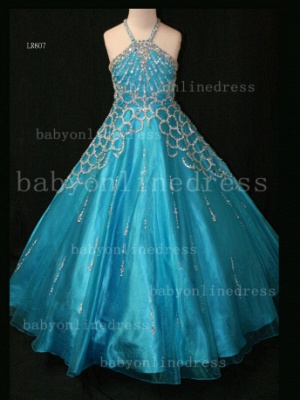 Discounted Girls Pageant Dresses On Sale Halter Beaded Crystal Organza Gowns Stores LR807_5