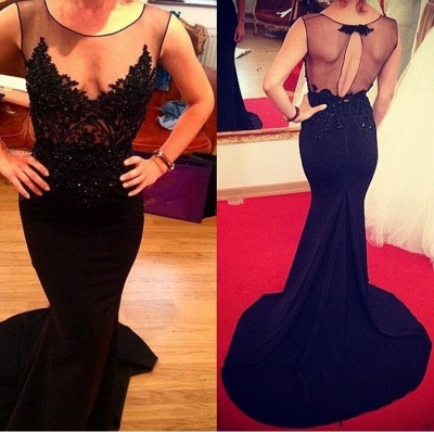 2021 Black Mermaid Evening Gowns Lace Beaded Sheer Top Sexy Women Formal Party Dresses_3