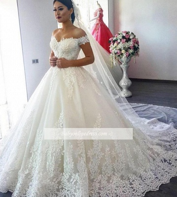 Gorgeous Ball Gown Wedding Dresses | Off-the-Shoulder Lace Appliques Bridal Gowns_1